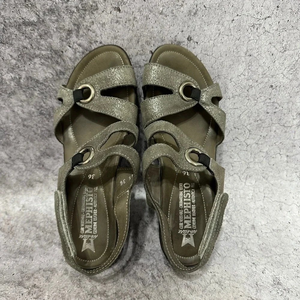 Mephisto Parfolia Wedge Sandals Womens 6 Steel Gray Iridescent Leather Strappy
